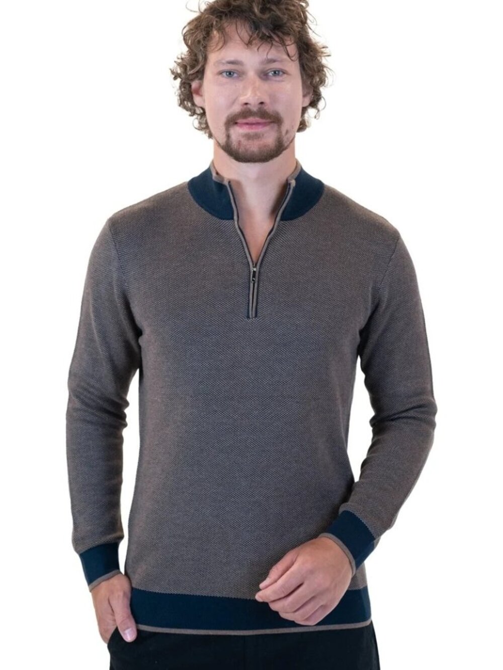 Mizumi Brown with Navy Contrast Half Zip Knit Pullover/23436